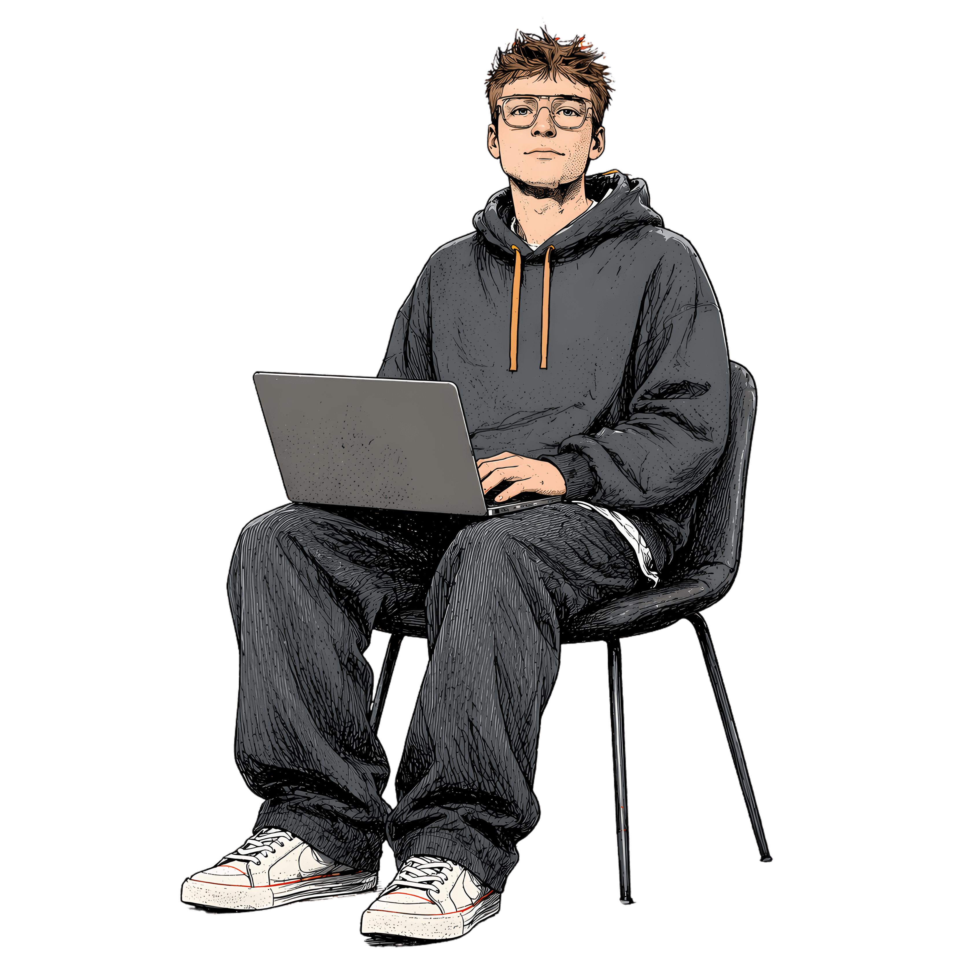 Risograph illustration: young founder with laptop