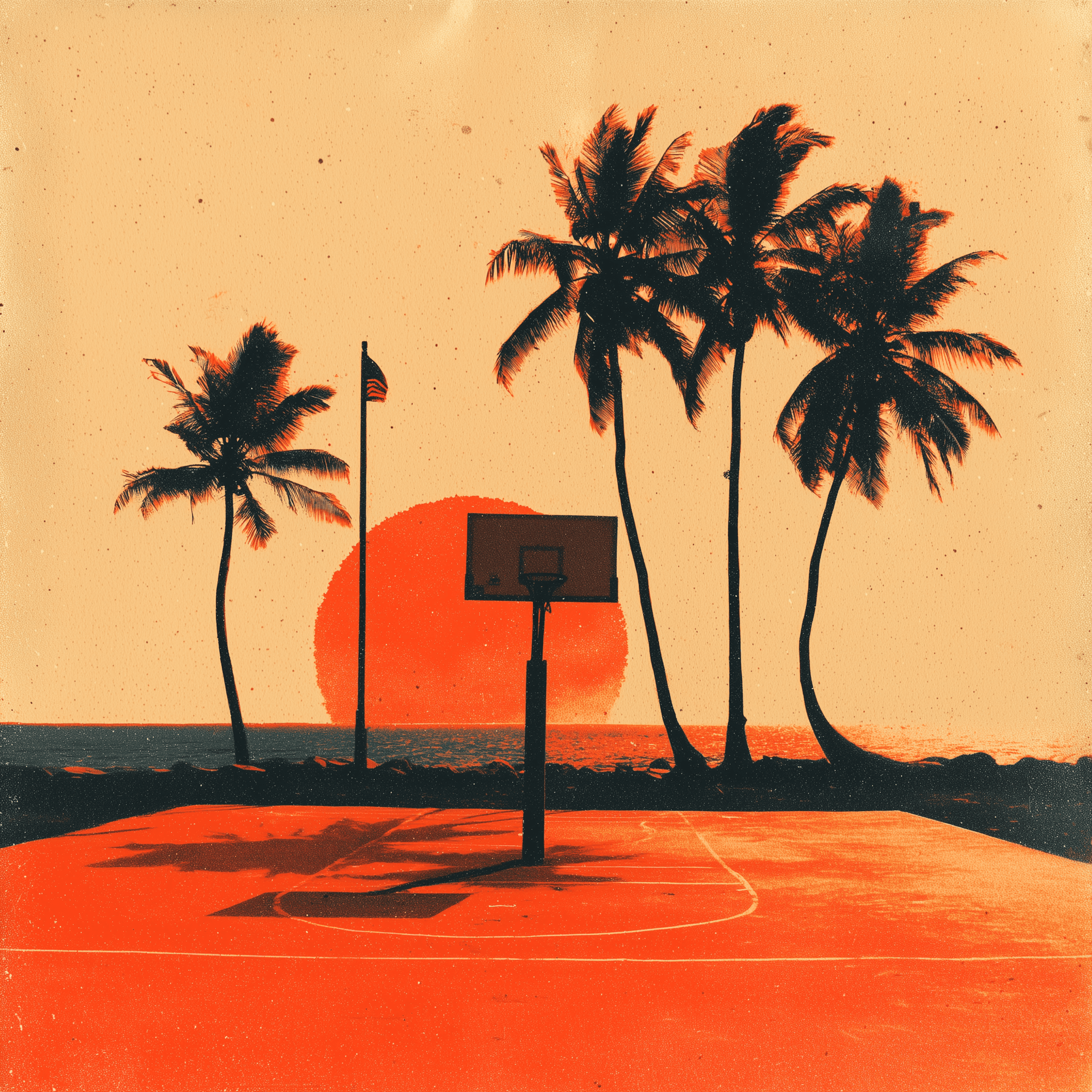 Miami basketball court with palm trees, US flag, and ocean in the background — risograph style